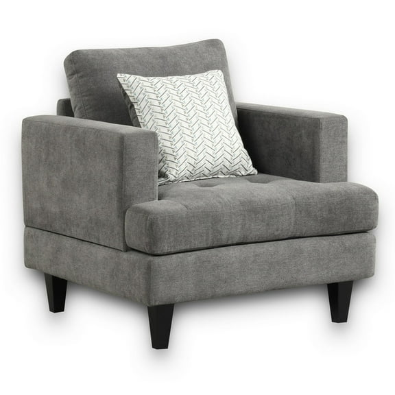Lae 35 Inch Sofa Chair- 1 Throw Pillow- Tufted- Gray Chenille Upholstery