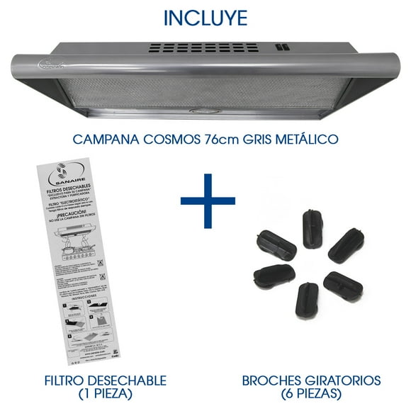 COMBO CAMPANA SANAIRE 76CM GRIS con FILTRO atrapagrasa extra y bolsa de broches de repuesto