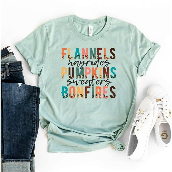 Flannels Hayrides Pumpkins Bonfires T-shirt Autumn Shirt Cute Fall Gift Pumpkin Spice Tee Thanksgiving Top Farm Leaves Bonfire S’mores Sweaters Campfires Halloween