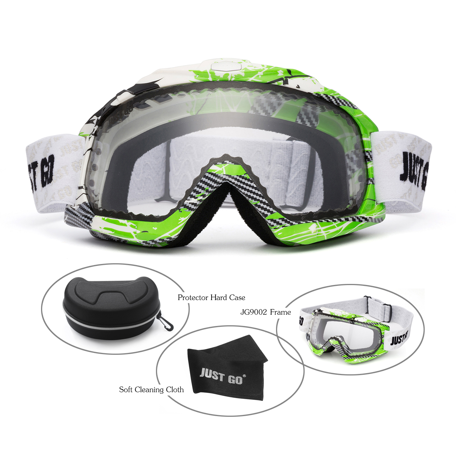 JUST GO Ski Goggles for Skiing Motorcycling and Winter Sports Dual-Layer Anti-Fog 100% UV Protection lens Snowboard Goggles fit Men, Women and Youth, Green and White Frame/ Clear Lens (VLT 81.2%) - image 2 of 9