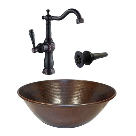 14" Rustic Copper Vessel Bath Sink Included 13" Faucet & Drain
