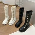 thumbnail image 3 of XIMIN Girls Round Toe Low Heel Leather Lace Up Knee High Boots Winter Punk Leather Riding Boots Fashion Zipper Tall Riding Boots Comfortable Combat Boot, 3 of 7