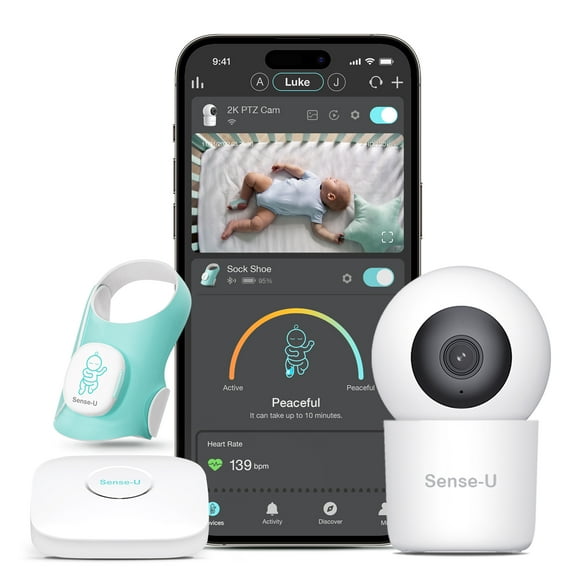 Sense-U Baby Sock Shoe Bundle Smart Baby Monitor: Sock Shoe Plus 2.5K PTZ Camera - Track Heart Rate, Sleep Movement, Heartbeat, Pan-Tilt-Zoom Video, AI Cry Detection, Audio