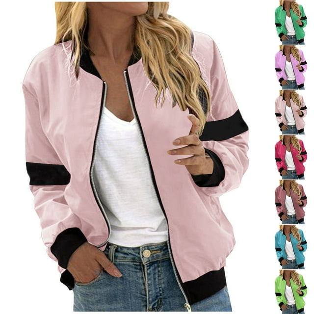 BiZtdJrK Vestes Décontractées Amples pour Femmes à Fermeture Éclair Manches Longues Blouson Bomber à Blocs de Couleur Mode Automne Vert Armée G