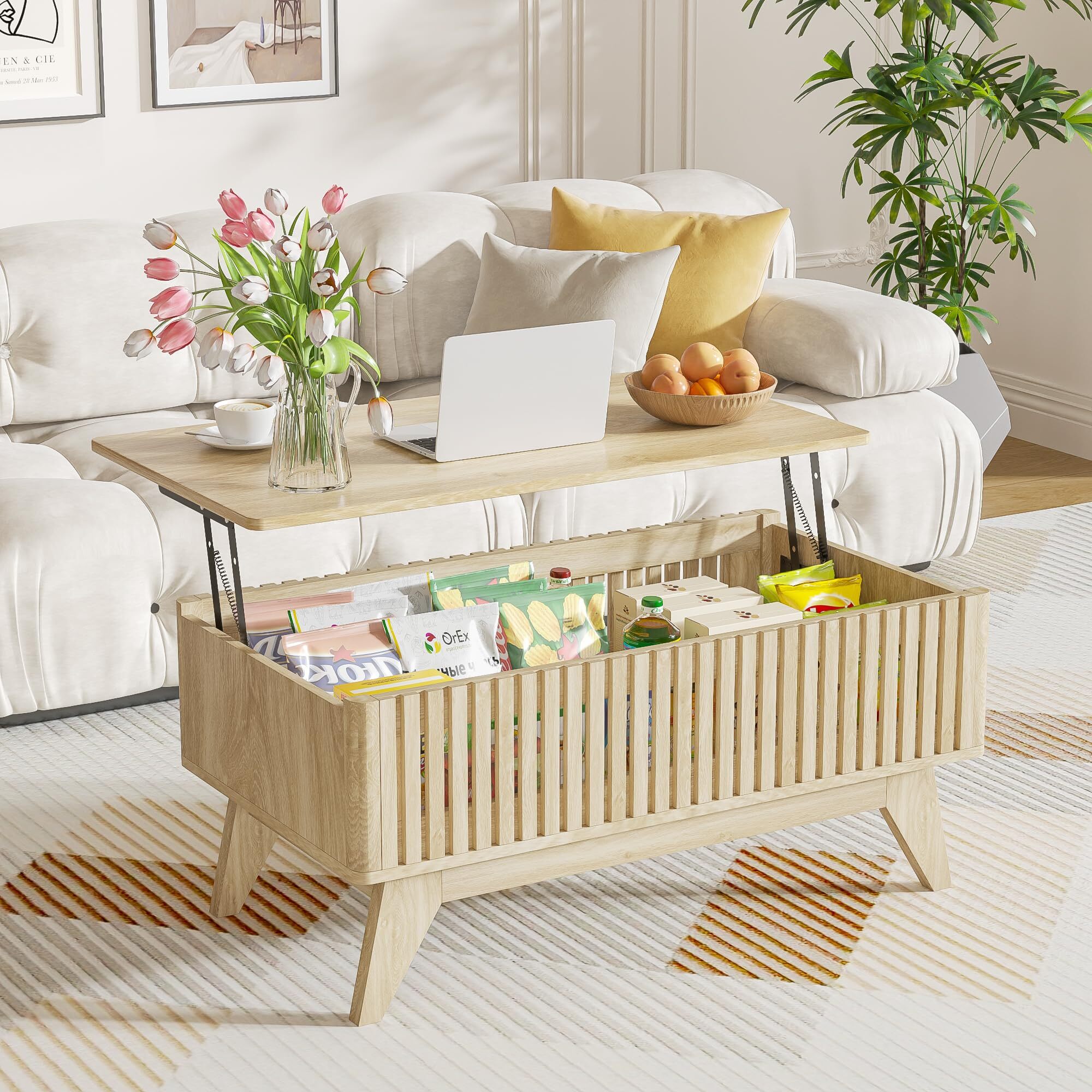 Lift Top Coffee Table with Hidden Storage, Mid Century Modern Fluted Farmhouse Center Table for Living Room, Wood