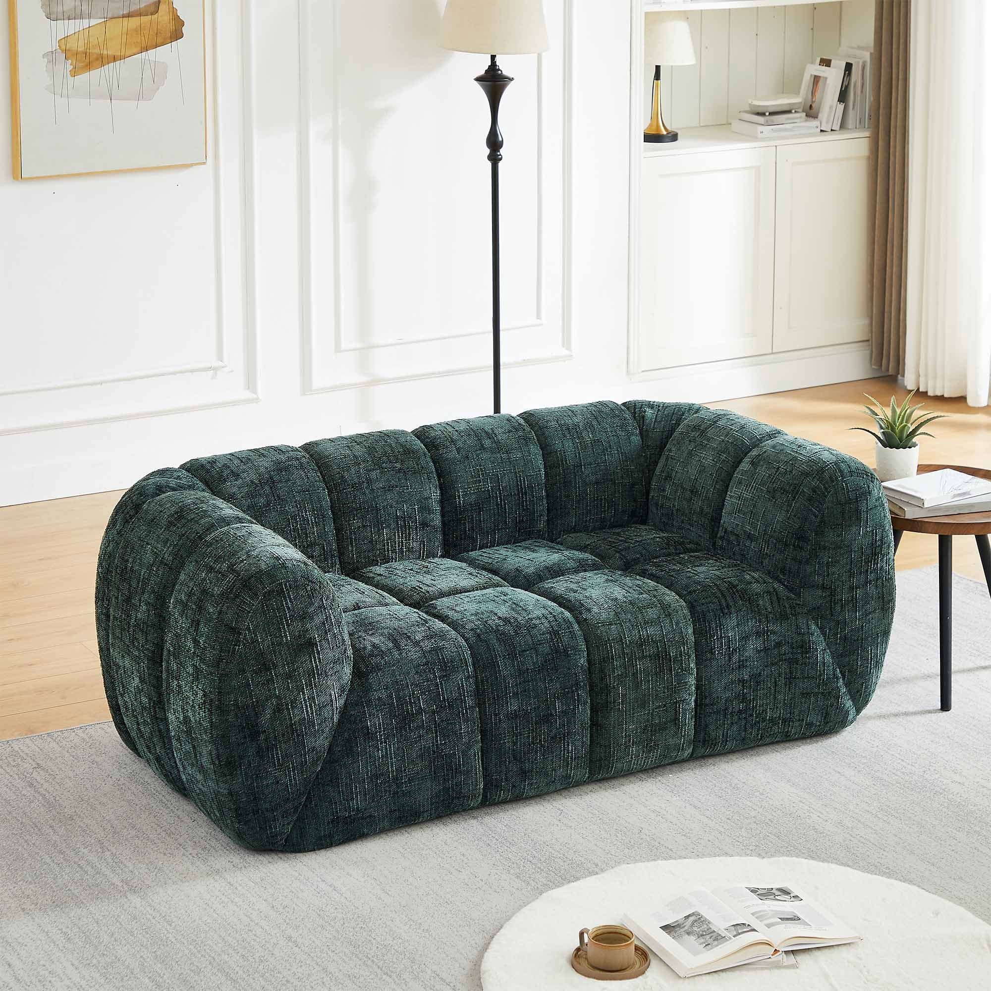 Lunale Small Boneless Sofa, No Assembly Required, 2-Seater Cloud Couch for Living Room, Apartment, Green Chenille
