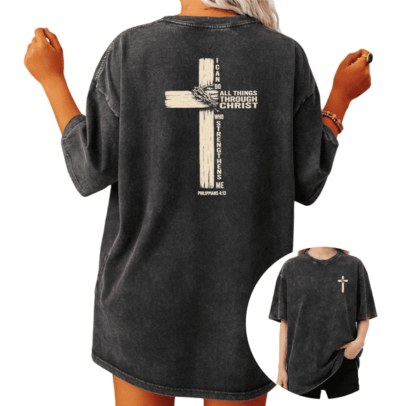 Giffimy Women's Philippians 4:13 Two Sided Thorn Cross Christian Vintage Washed T-Shirt Short Sleeve Casual Oversized Relaxed Fit Faith S-2XL Top