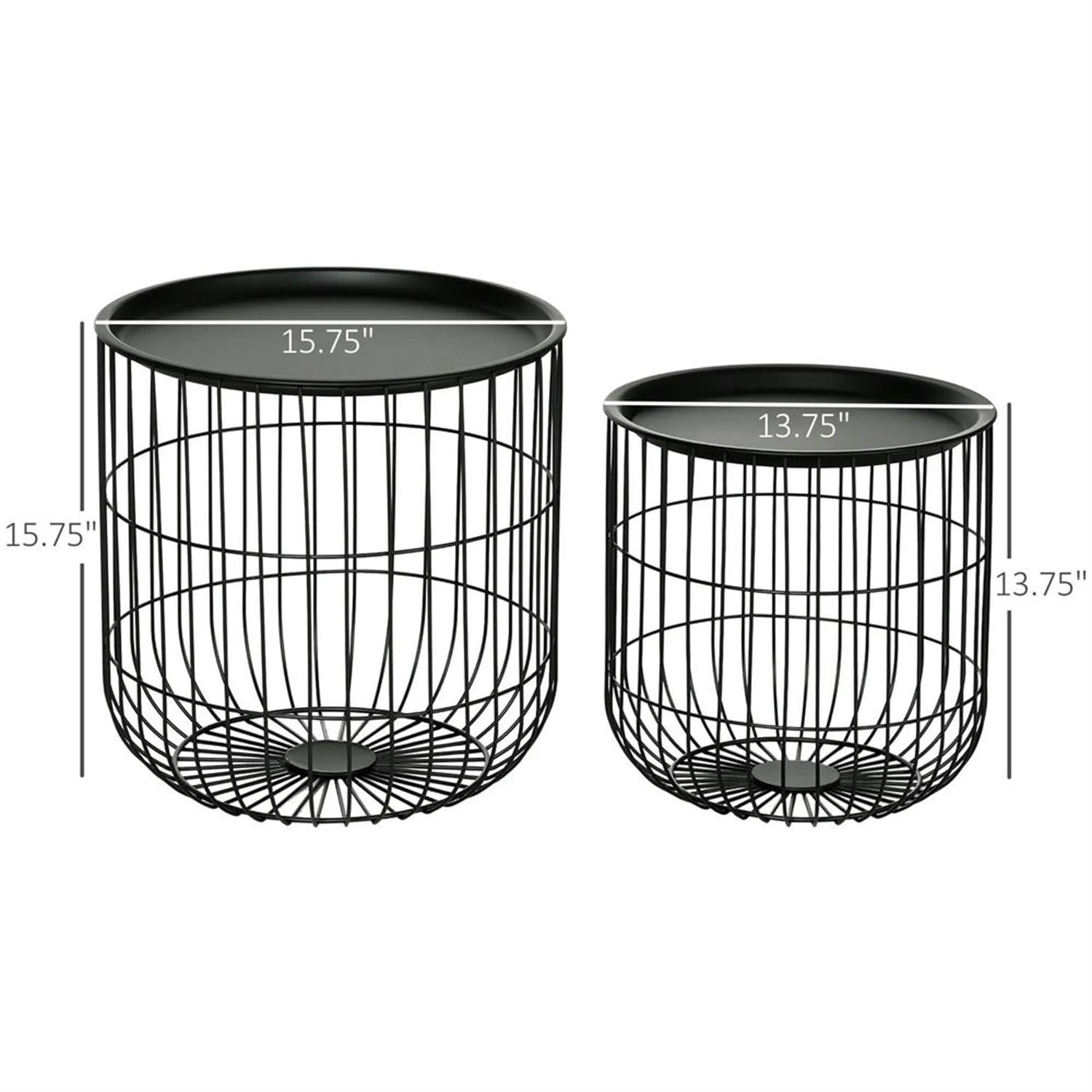 Demi Bonn 15" Nesting Coffee Tables with Steel Wire Basket & Removable Top, Living Room Home Decor for Patio and Garden, Black