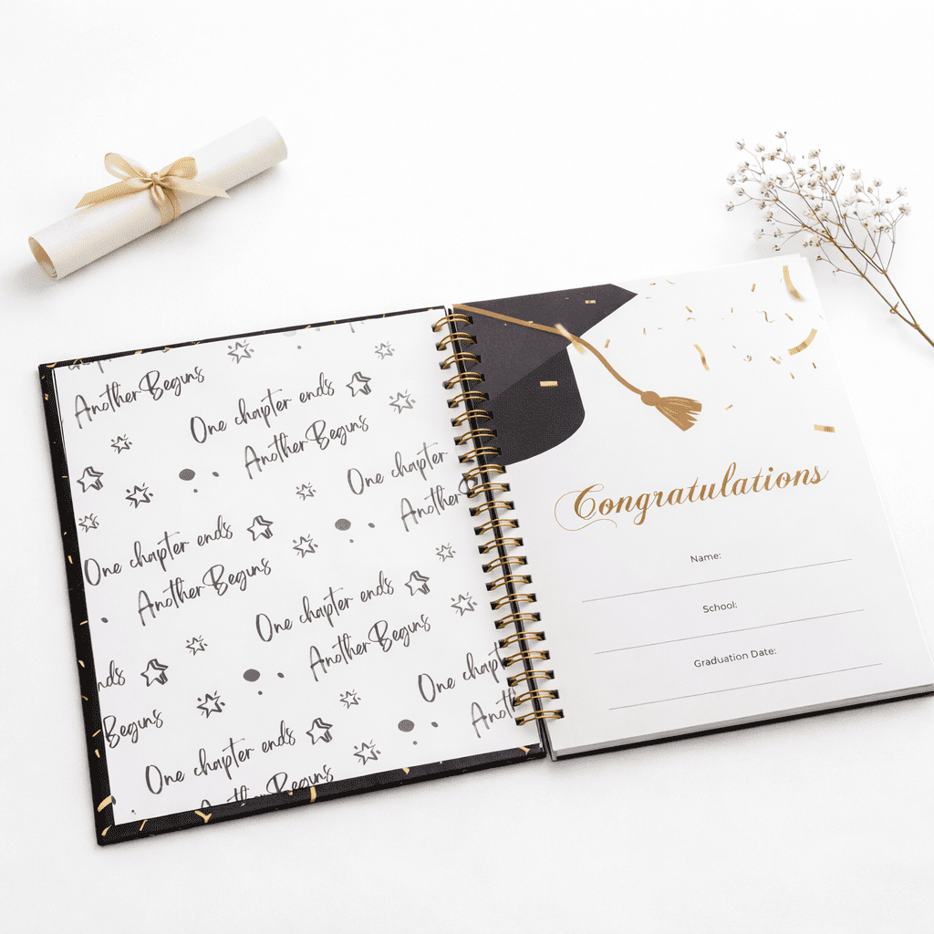Graduation Guest Book - Black Hardcover - Gold Spiral Binding - 120 Pages - Grad Guestbook
