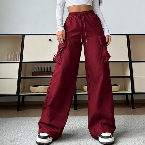 PInxai Cargo Pants Women High Drawstring Elastic Waisted Athletic Trackpants Casual Wide Leg Outdoor Hiking Pants