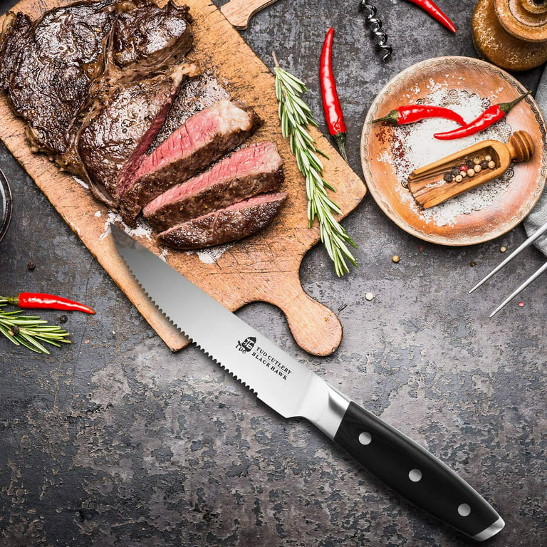 Tuo Cutlery Serrated Steak Knife - 5 inch Professional Kitchen Steak Knife Set 4 - Table Dinner Knife - German HC Stainless Steel Non Slip Pakkawood