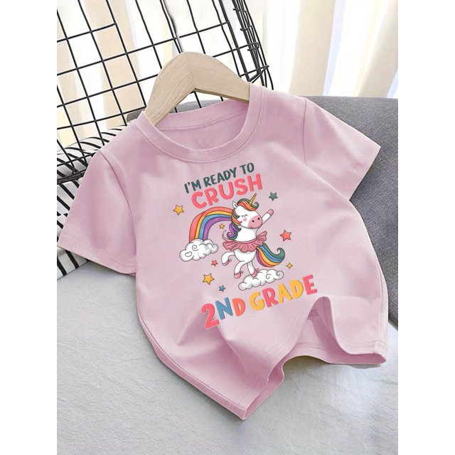 Camiseta infantil con estampado de unicornio "I'm Ready to Crush 2nd Grade" - Camiseta de algodón negra, informal y ligera, de manga corta para niñas, ropa divertida de verano, para el día a día | C