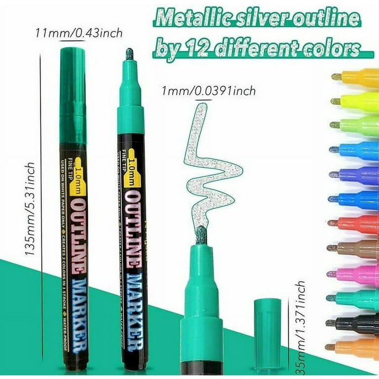 Beirui Doodle Dazzle Markers Dual Outline Line Doodle Pen, 12 Colors, Metal  Tip 