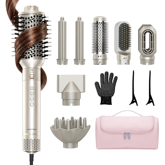 LAVOMIST 8-in-1 Hot Air Styler & Hair Dryer Brush with Straightener & Curler Attachments, 110,000 RPM Ionic Fast Drying, Dual Voltage for Frizz-Free Styling, Includes Travel Bag