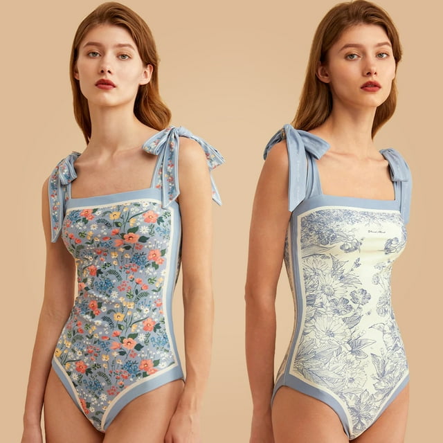 Maillot de Bain une-Pièce vintage à Bretelles Double Face avec Imprimé Fixe FJH