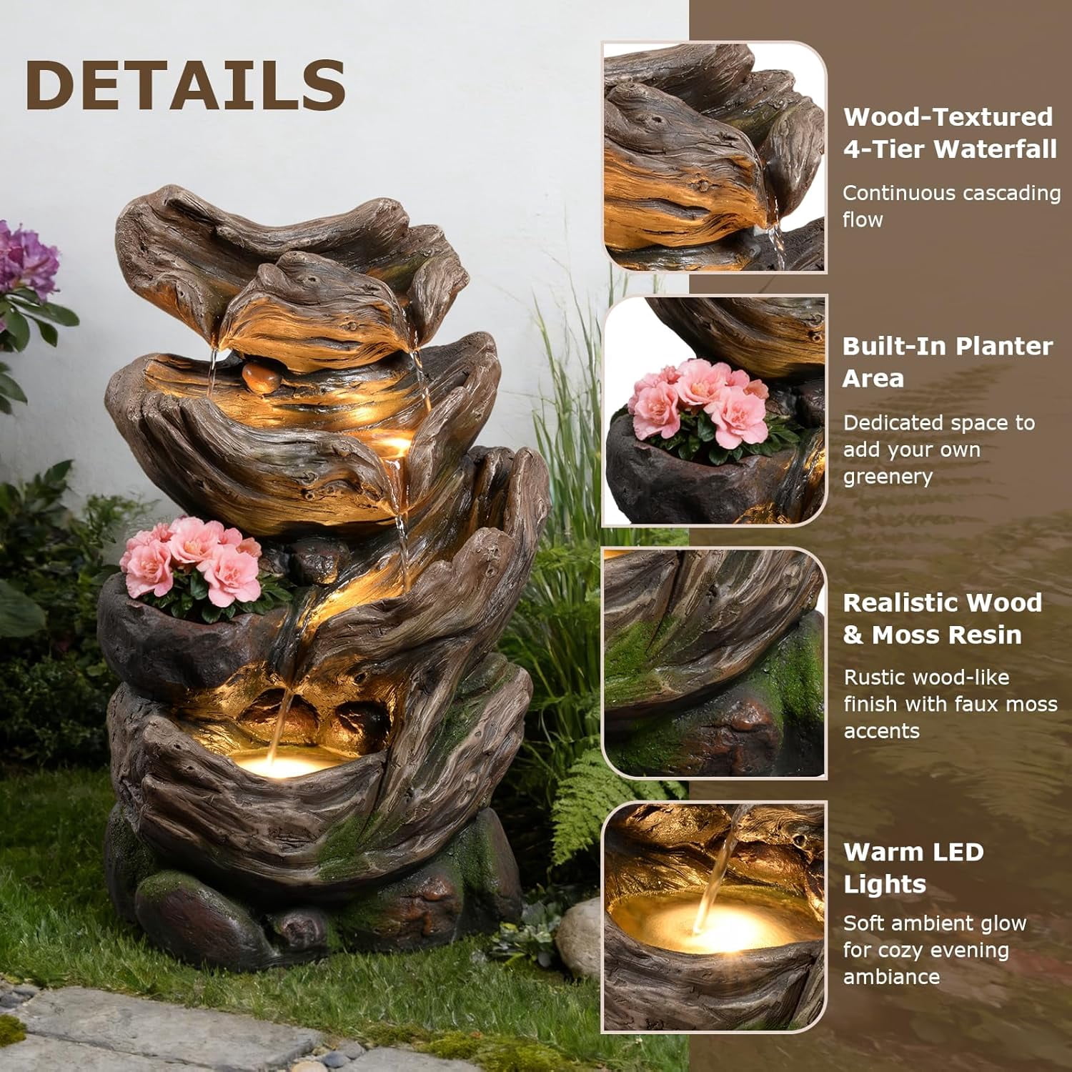 4-Tier Cascading Outdoor Water Fountain, 25.2" H Realistic Tree Trunk Garden Waterfall Fountains for Outside, Water Fountain Outdoor with Lights for Patio, Yard, Deck, Porch and Home Decor