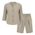 thumbnail image 7 of Jinhomg Two Piece Short Set for Women Cotton Linen Short Sleeve Sweatsuit Sets Buttons Down V Neck Lounge Tracksuits Khaki,S, 7 of 7