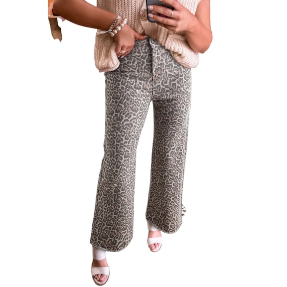 Women's High Waist Brown Leopard Frayed Edge Wide Leg Jeans | [ZhiHiMeRi] | 10