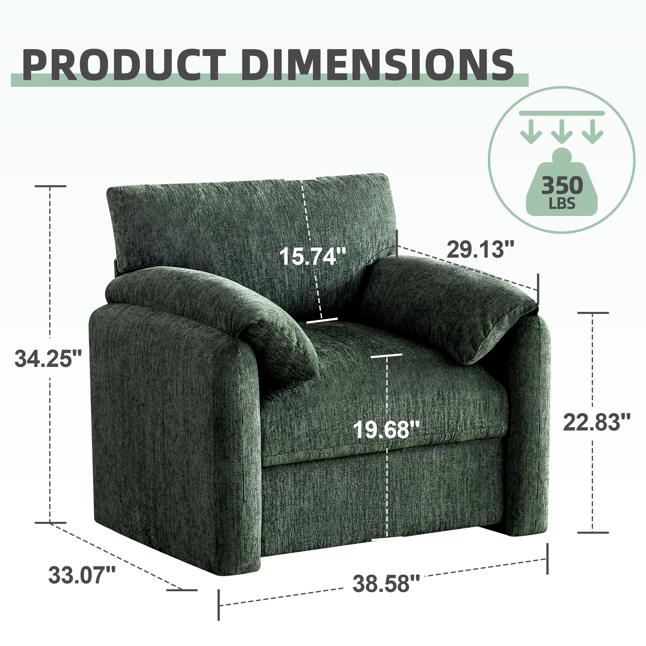 Chenille Oversized Armchair, 38.6" Wide Accent Chairs for Living Room & Bedroom Modern Lounge Chair, Upholstered Mid-Century Reading Chair, Comfy Living Room Chair, Single Sofa Chair, Green