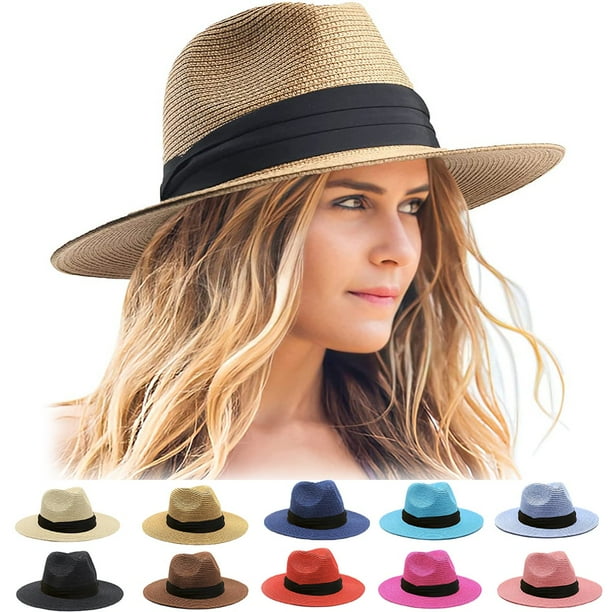 Womens Mens Wide Brim Straw Panama Hat Fedora Summer Beach Sun Hat UPF ...