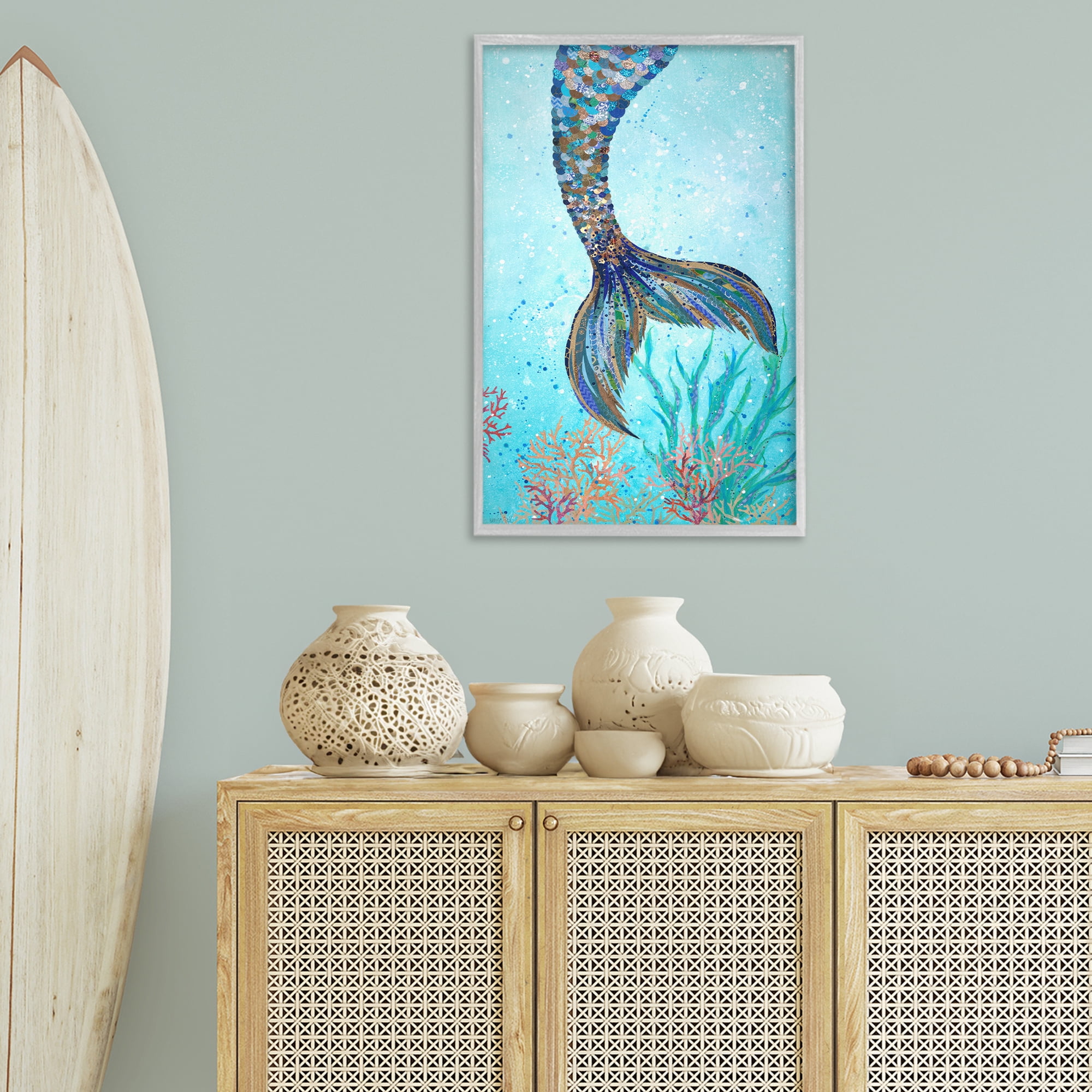Stupell Industries Tall Tails Mermaid Fairy Tales & Fantasy Painting Gray Framed Art Print Wall Art, 20 x 30