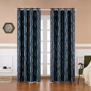 Topfinel Pongee Made Navy Silver Foil Wave Printed Curtains 96 inch Length, 100% Blackout Grommet Drapes for Living Room Bedroom Single Panel