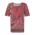 thumbnail image 5 of Moxiu Womens Tops Short Sleeve Square Neck Button Pleated Boho Floral Printed Vintage T Shirts 2025 Summer Casual Graphic Blouse Wine,XXXL, 5 of 5
