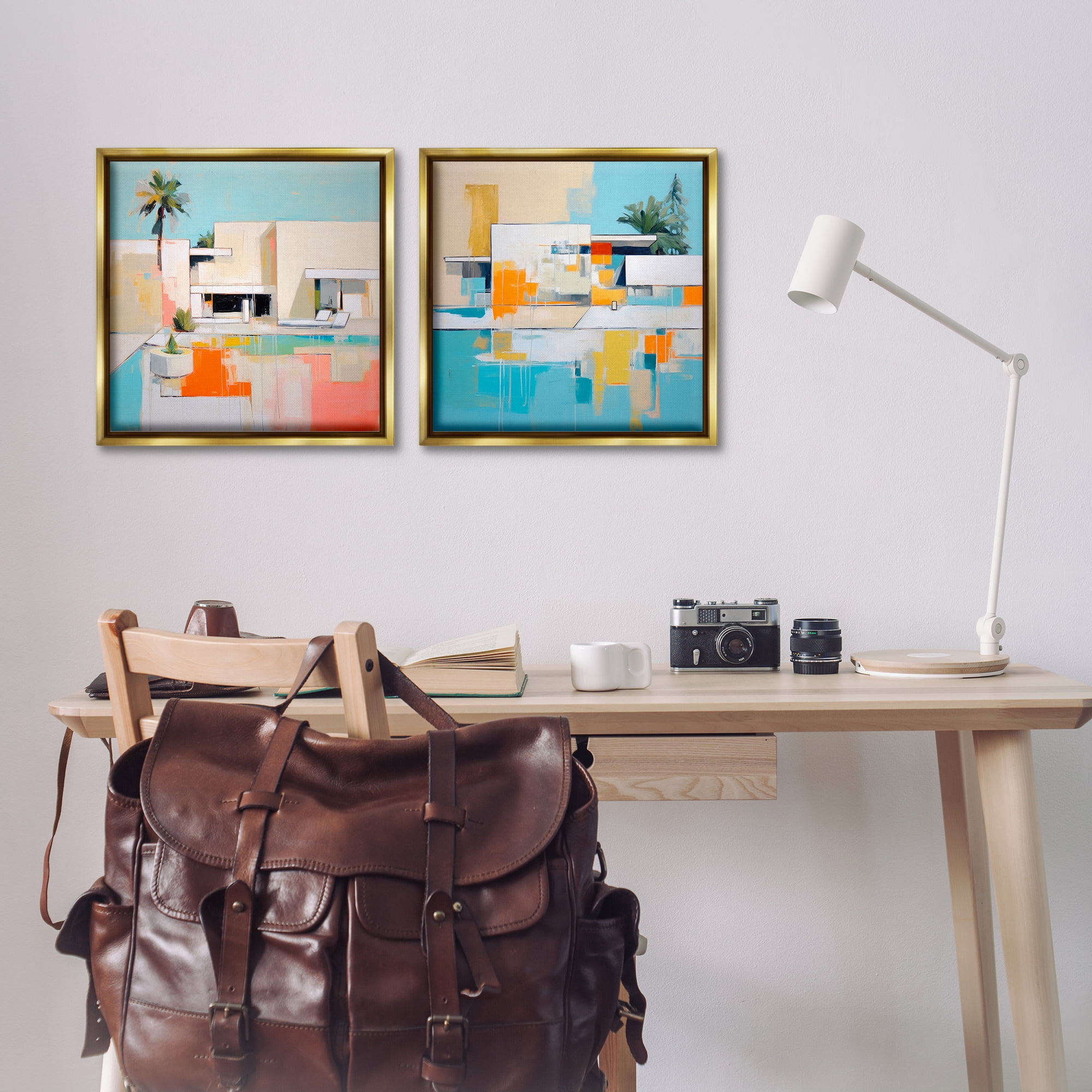 Stupell Industries Abstract Modern Tropical House Buildings & Architecture Painting Gold Floater Framed Canvas Art Print Wall Art, 18 x 18, Set of 2