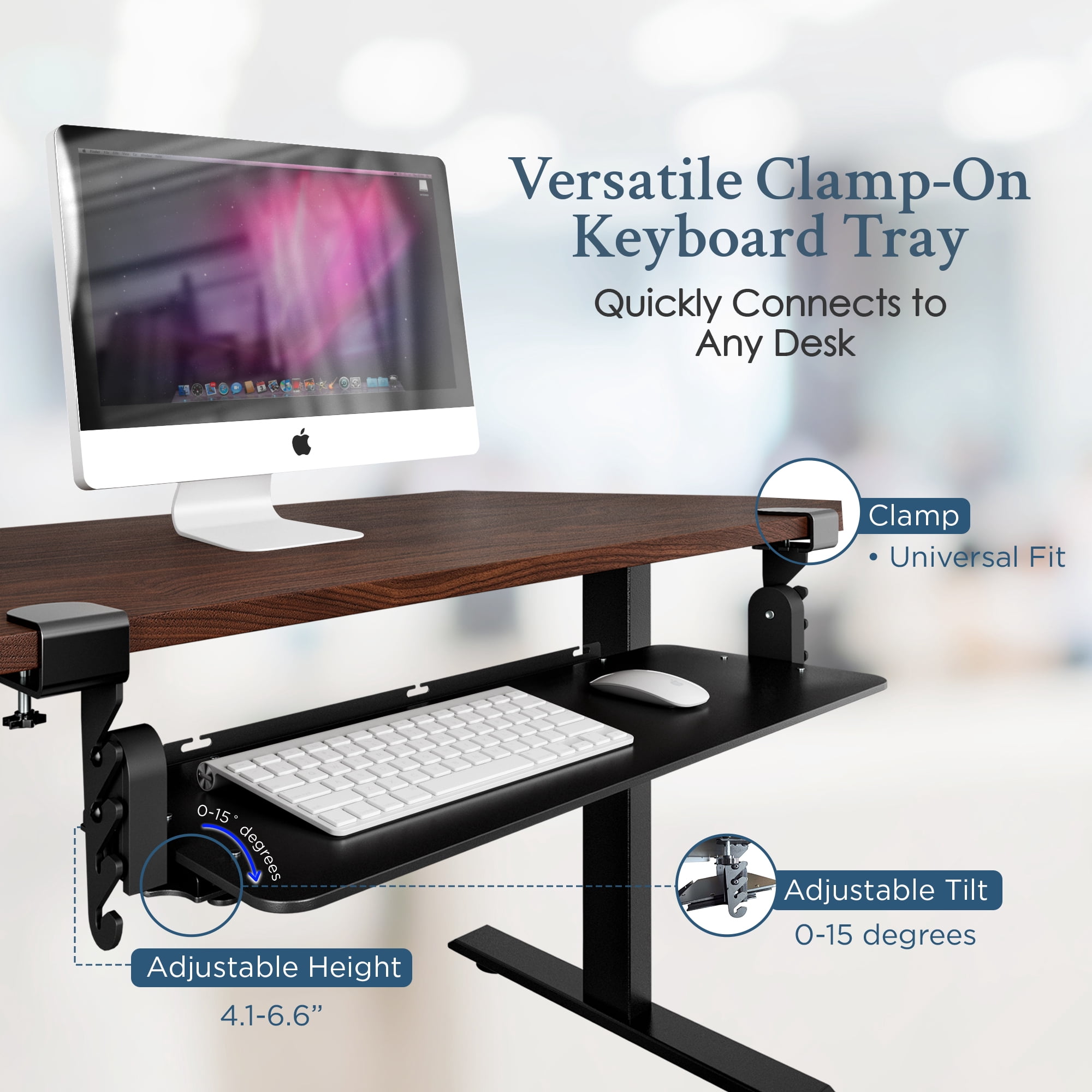 Clamp-On Under Desk Keyboard Tray – Adjustable Height and Tilt Keyboard Drawer Slide-Out with Easy Clamp Mount, Ergonomic Design for Comfortable Typing