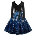 thumbnail image 3 of Women's Christmas Printed V-Neck Large Hem Audrey Dress Long Sleeve Dress with Christmas Tree Pattern, Flare Skirt, Retro Style for Party, Casual, Holiday Events,Blue,3XL, 3 of 4