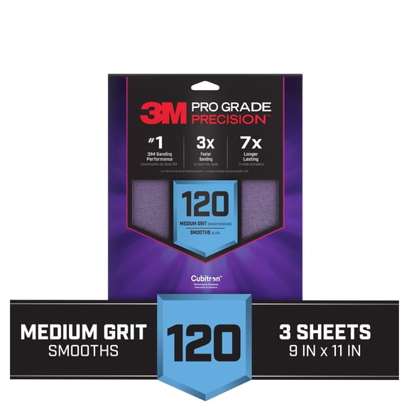 3M Pro Grade Precision Sandpaper, 120 Grit, No-Slip Grip Backing, 9 in. x 11 in., 3 Sheets