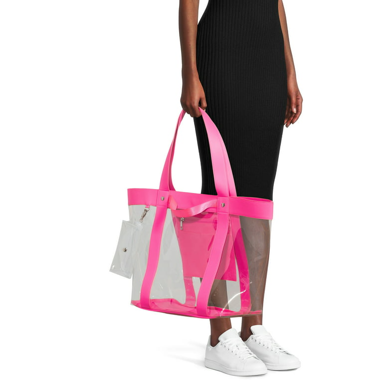 No Boundaries Women's Vinyl Beach Tote Handbag with Removable Glasses Case,  Pink 