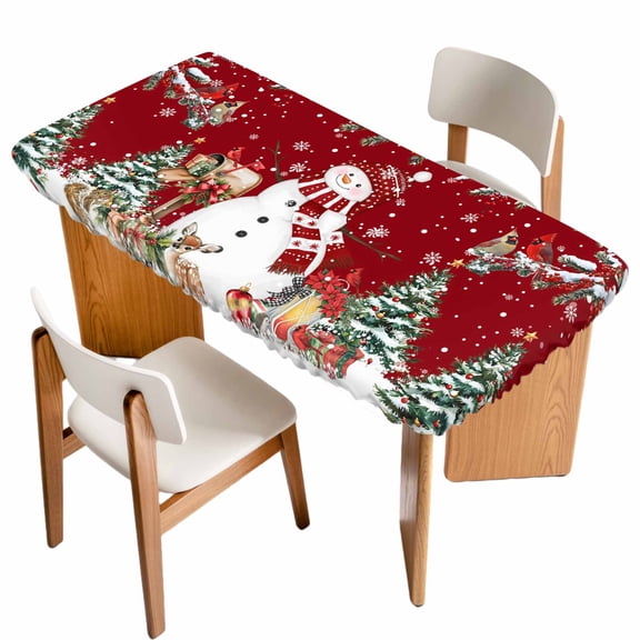 Red Christmas Table Cloths for 4 Foot Rectangle Tables, Snowman Xmas Tree Snowflake Winter Patio Waterproof Elastic Fitted Tablecloths, Washable Rectangular Table Cover for Camping