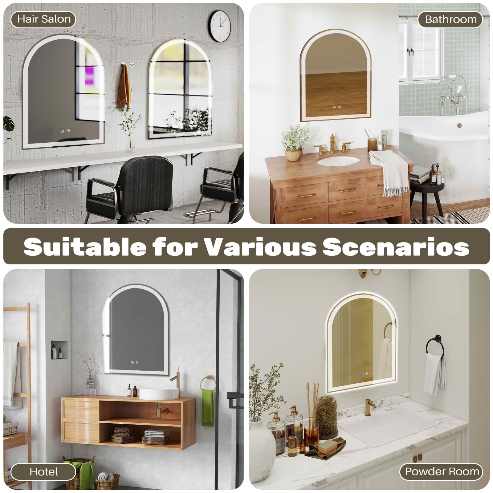 MAYEERTY 28x36 Inch Arched LED Bathroom Mirror with Charging, Anti-fog 3-Color Memory Dimming Dual Light