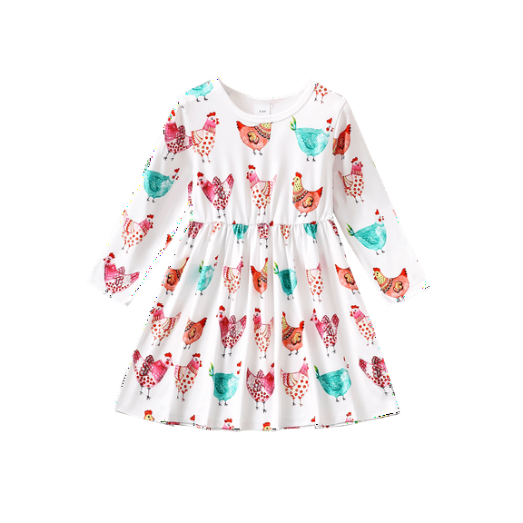 Mikrdoo 5T Kid Girls Fall Winter Dress 5-6 Years Girls Chicken Print Long Sleeve Dress One Piece Casual Dress White