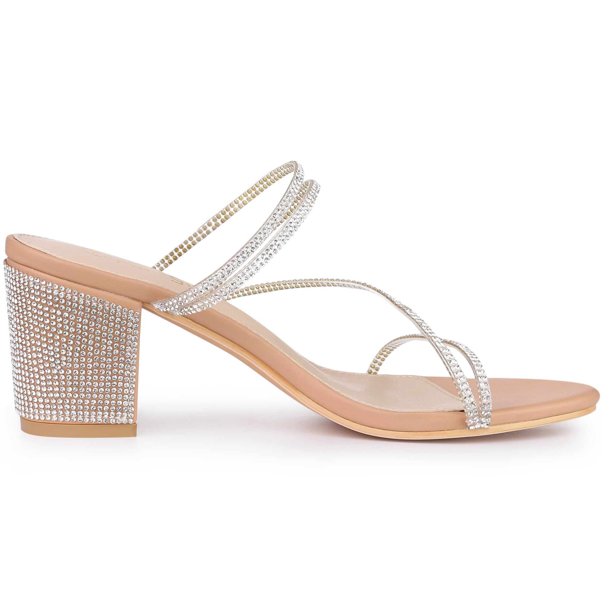 DARING DIVA Women's Rhinestone Block Heel Slide Sandals Nude 10