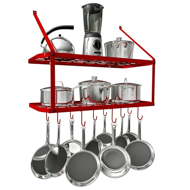 Vdomus Pots And Pans Rack Wall Mounted Hanging Pot Shelf 2 Tier Red Walmart Com Walmart Com