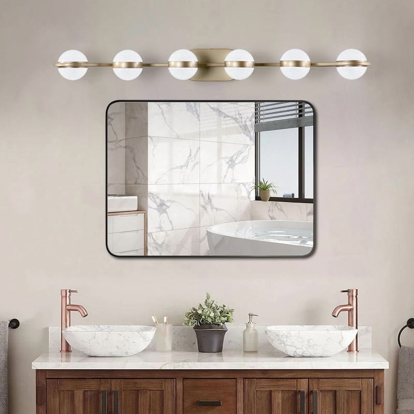 43" Gold Minimalist LED Bathroom Vanity Light, 6-Light Wall Mounted Fixture with Crystal Sand Acrylic Shades, Modern Decorative Lighting for Mirror, Sink, and Vanity Area