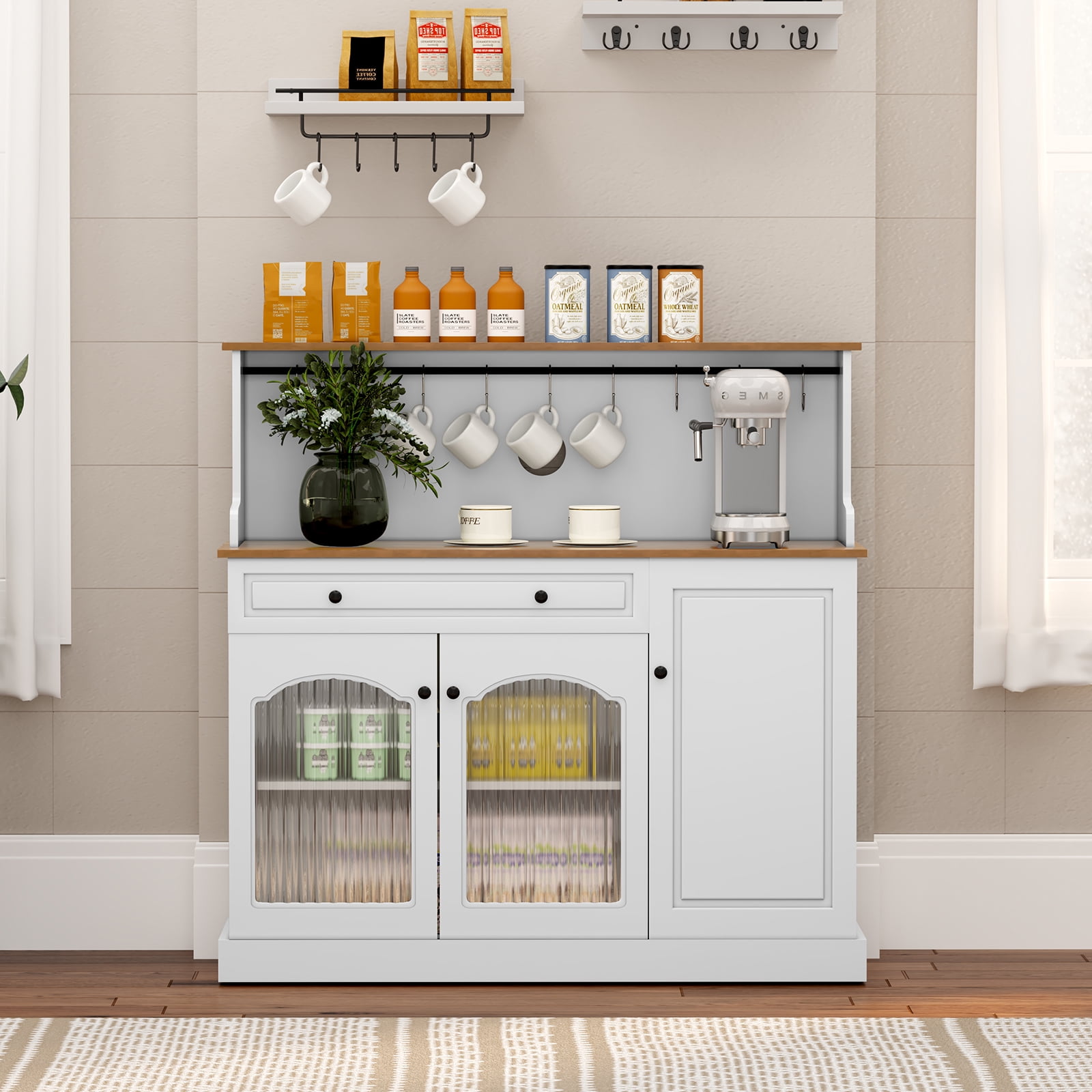 CBJCBJ 48“ Modern Wood Kitchen Pantry Cabinet with Coffee Bar, Drawer & Microwave Stand,White