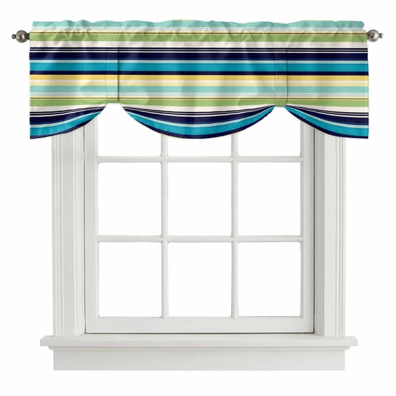 Blue Yellow Green Striped Tie Up Valance Curtains for Windows, Kitchen Curtains Window Treatments, Farmhouse Vintage Stripe Short Window Shades Valances for Bedroom Bathroom Cafe 42"x18"
