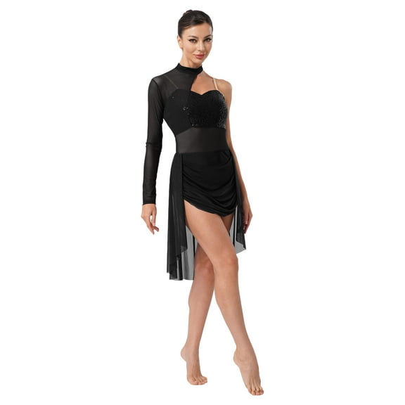 Sholeno Women's Sparkly Sequin Lyrical Ballet Dance Dress Flowy Skirt Figure Skating Dancewear Black M