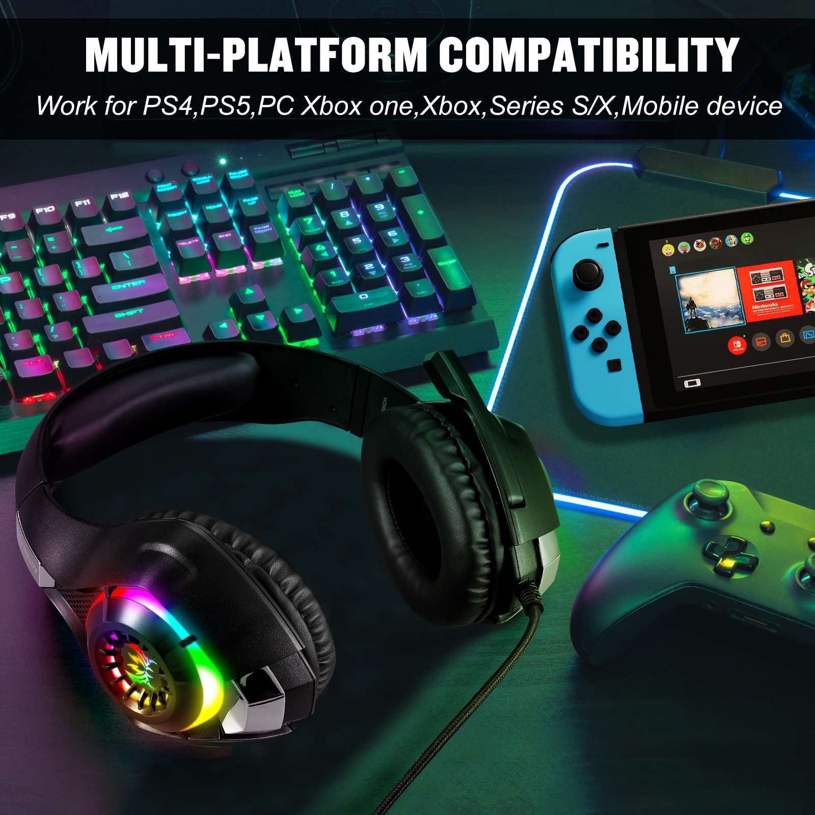 Gaming Headsets Wired for PS4 PS5 Switch Xbox One PC with RGB Light, Noise Canceling Mic,Surround Sound,Over Ear Muffs Gaming Headphones,Black