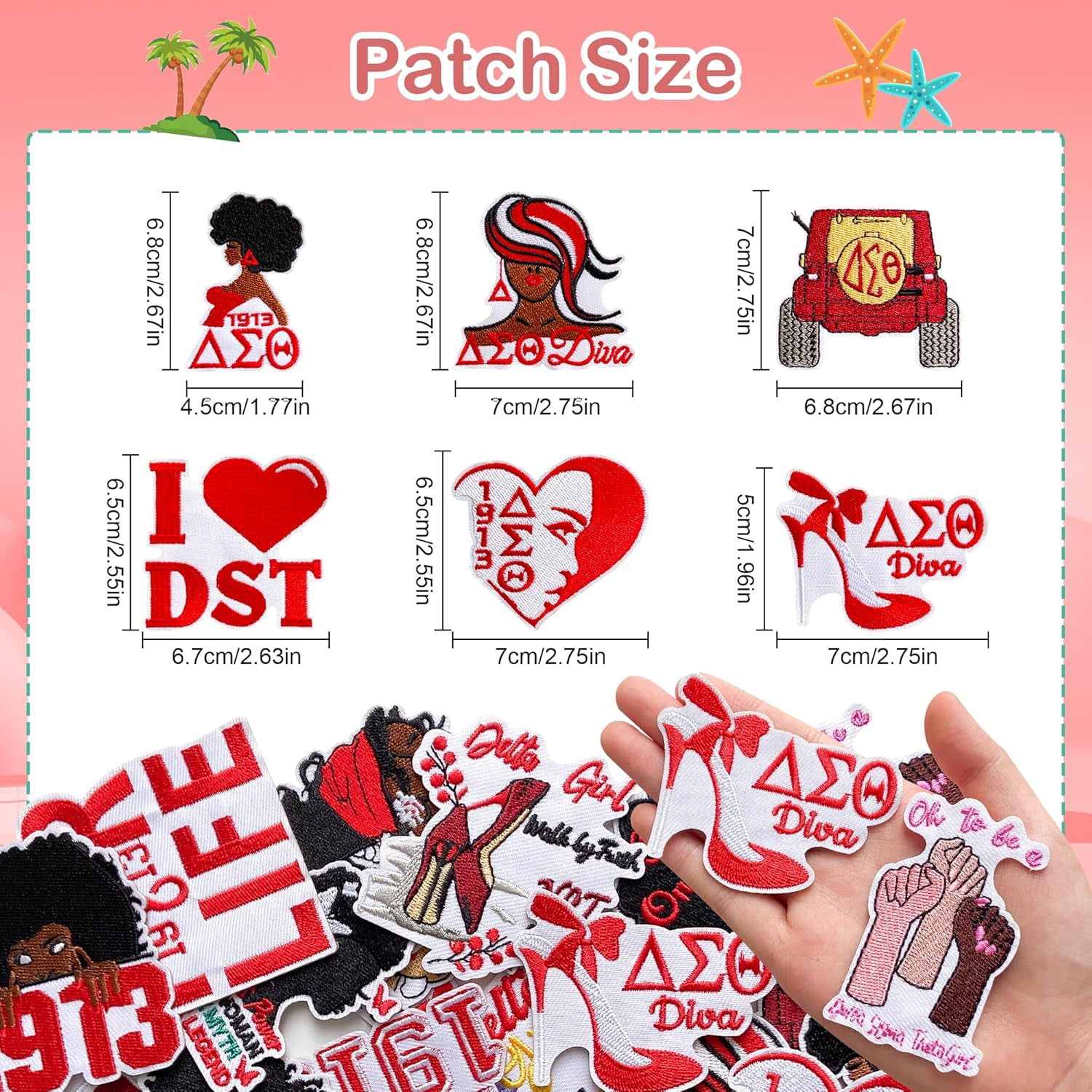 18pcs Delta Sigma Sorority Theta Iron on Patches Paraphernalia, Cute Embroidered Trucker Hat Patch Sew on Repair Applique for Bags Jackets Clothes