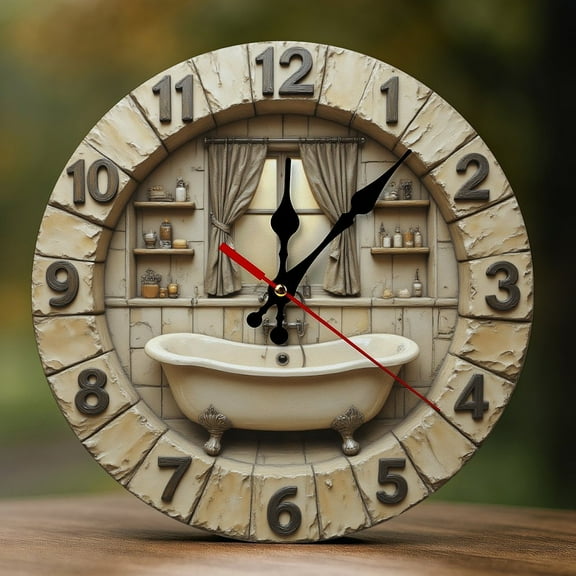 Wall Clock Decorative - Vintage Beige Bathroom Print 2D Vintage Wall Clocks Battery Operated Silent Non-Ticking for Bedroom, Living Room, Kitchen, Office, Classroom, 10 Inch