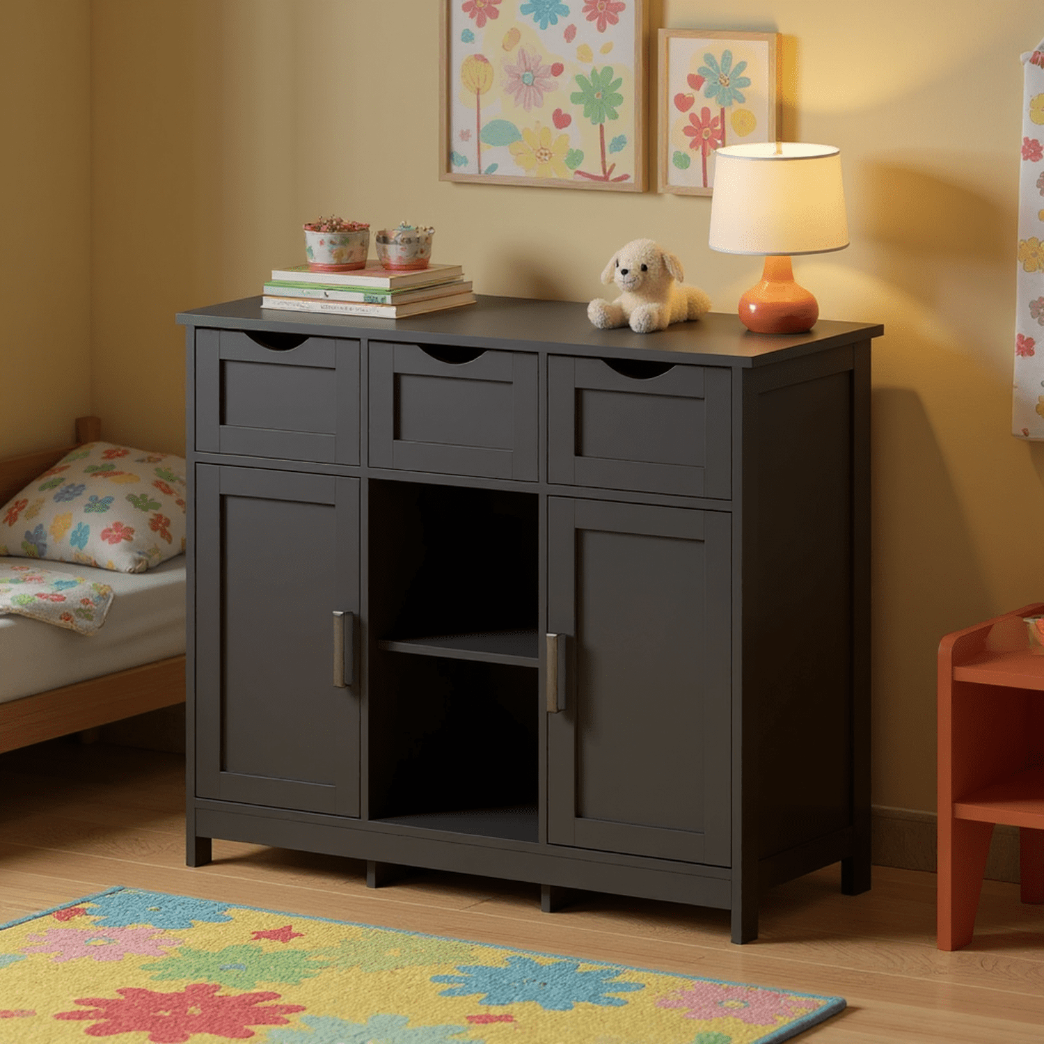 Homy Casa Storage Cabinet with 2 Doors and 3 Drawers, Adjustable Shelves, Sideboard for Kitchen, Entryway