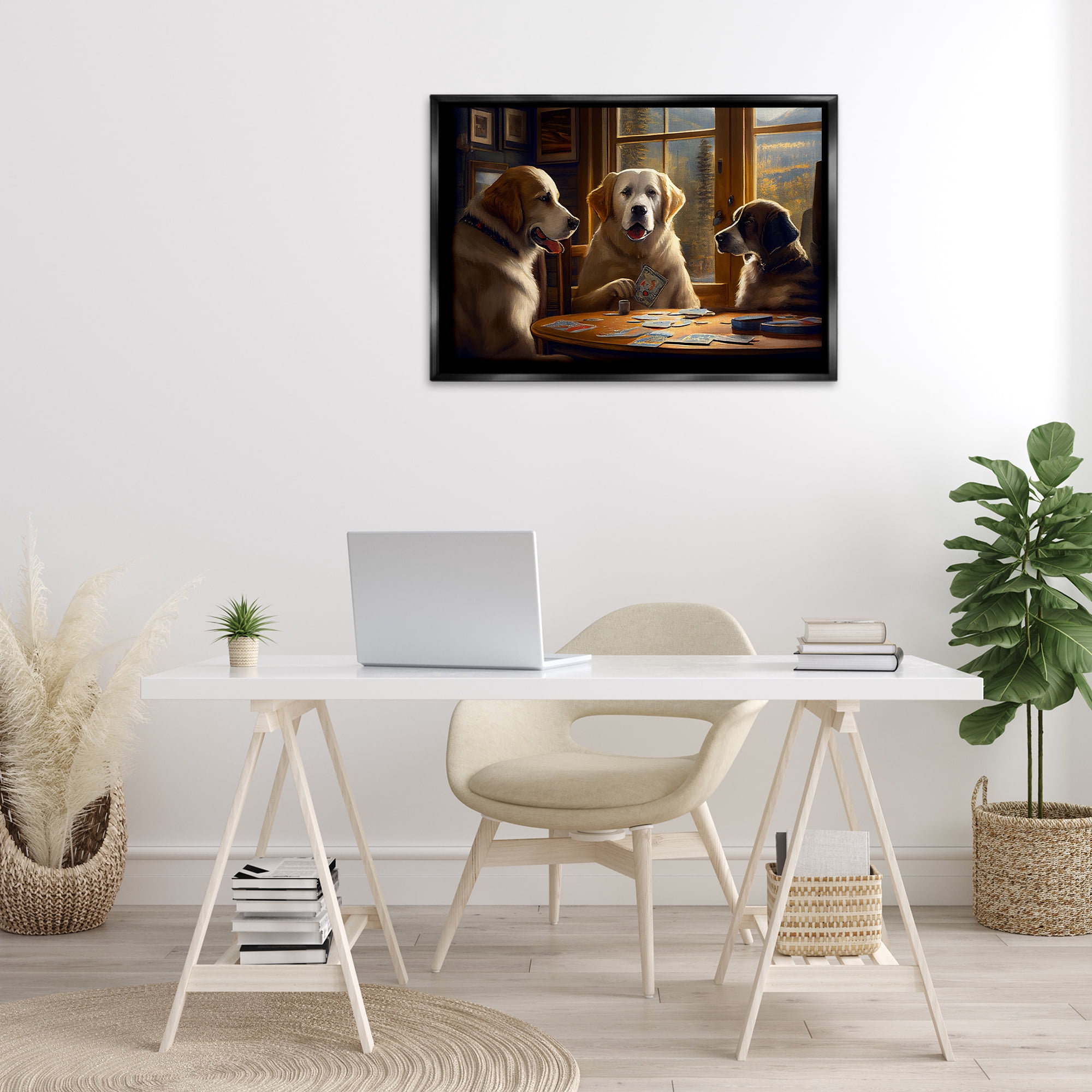 Stupell Industries Dogs Playing Card Game Entertainment Painting Black Floater Framed Canvas Art Print Wall Art, 31 x 21