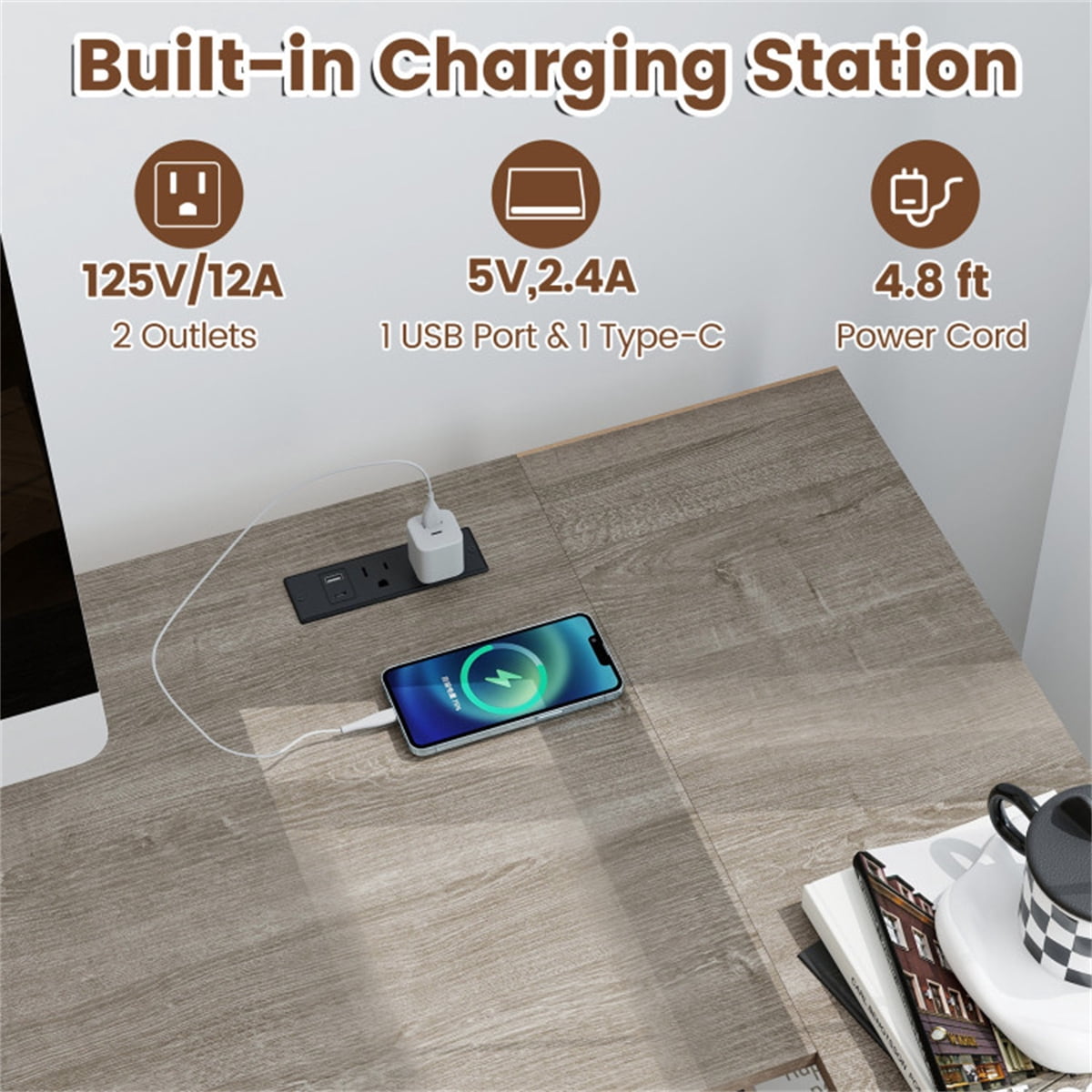 L Shaped Computer Desk with Built in Power Outlet USB Type C Charging Port Home Office Corner Desk with Fabric Drawers Storage Shelves Oak Black