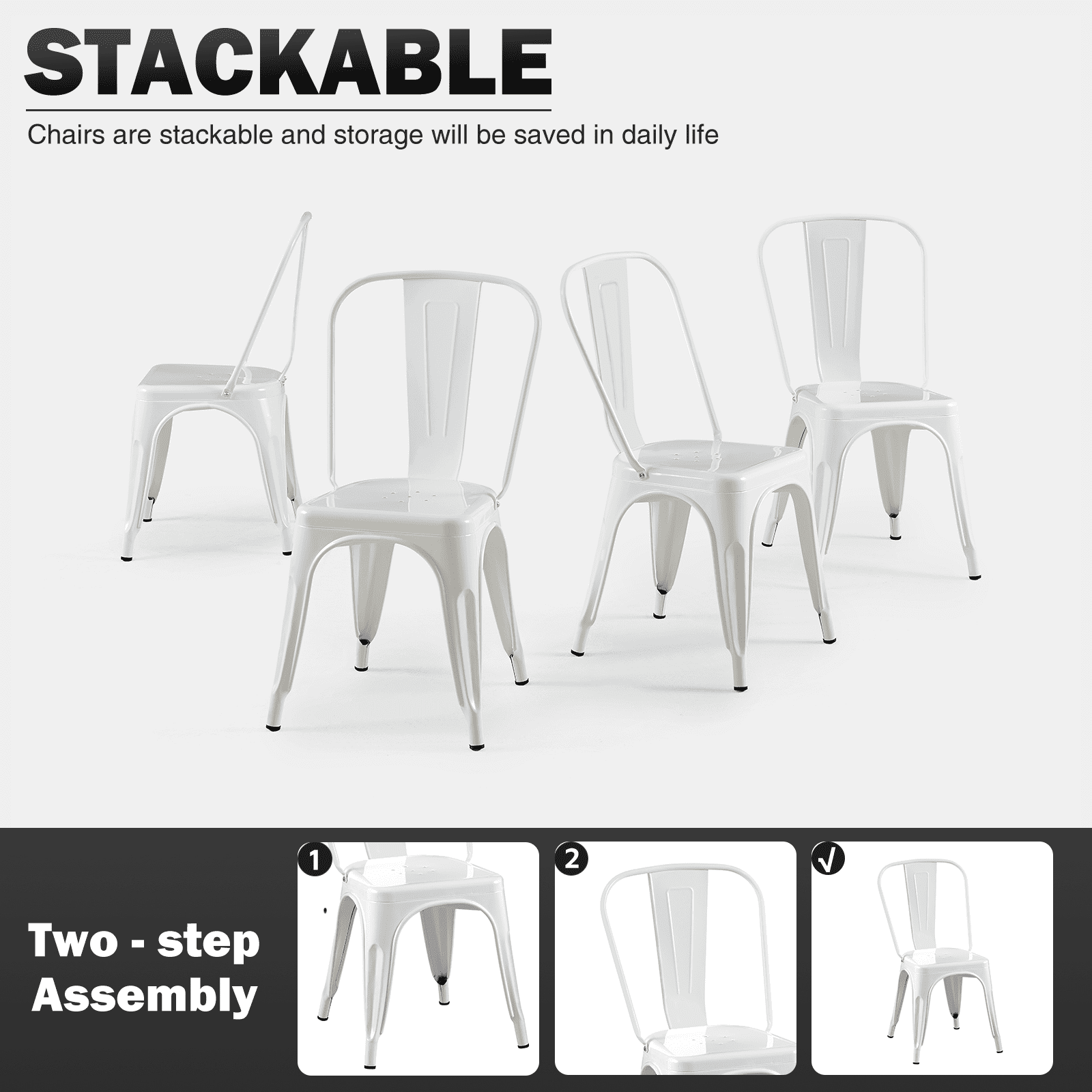 SOLEGGIATA Metal Dining Chairs Set of 2 Iron Stackable Industrial Tolix Style Farmhouse Kitchen Cafe Arctic White
