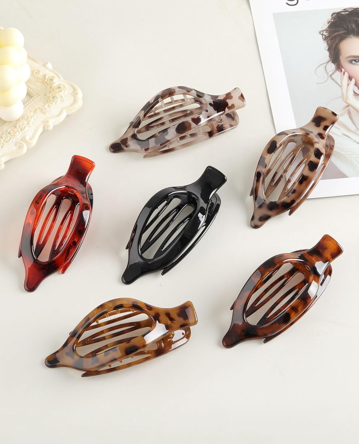 French Concord Hair Clips Claw - 6Pcs Side Slid Flat Hair Clips for Volume Strong Hold No Slip Grip Hair Claw Clips for Women Girls Thick Thin Hair (Leopard pattern)