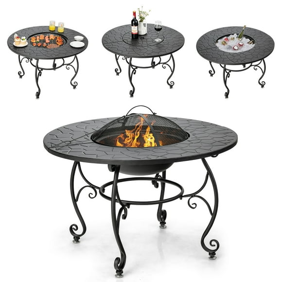 Costway 35.5" Patio Fire Pit Dining Table Charcoal Wood Burning W/ Cooking BBQ Grate